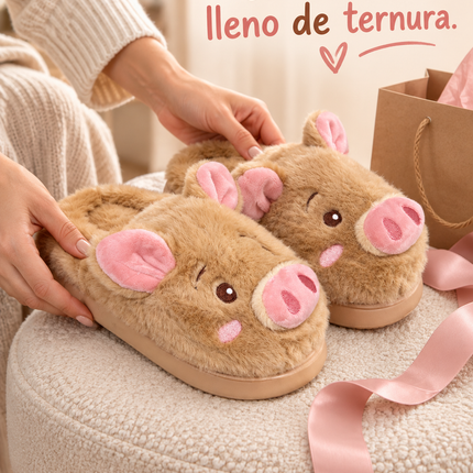 Pantuflas Cerdito Dama Kawaii Cómodas, Calientitas – Pantuflas de Peluche Suaves para Mujer