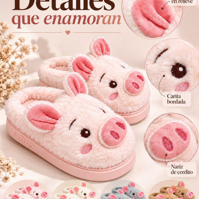 Pantuflas Cerdito Dama Kawaii Cómodas, Calientitas – Pantuflas de Peluche Suaves para Mujer