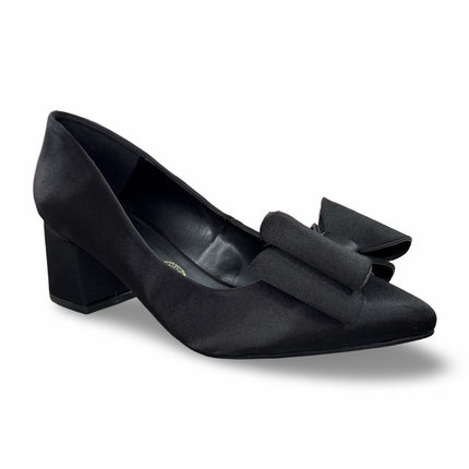 Zapatillas de Tacón de Dama Negras con Moño - Acabado Satinado - Modelo M392G