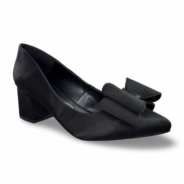 Zapatillas de Tacón de Dama Negras con Moño - Acabado Satinado - Modelo M392G