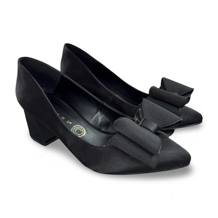 Zapatillas de Tacón de Dama Negras con Moño - Acabado Satinado - Modelo M392G