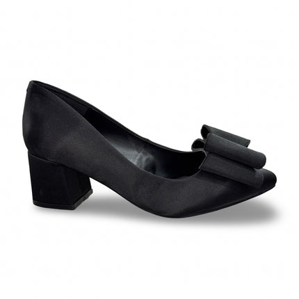 Zapatillas de Tacón de Dama Negras con Moño - Acabado Satinado - Modelo M392G