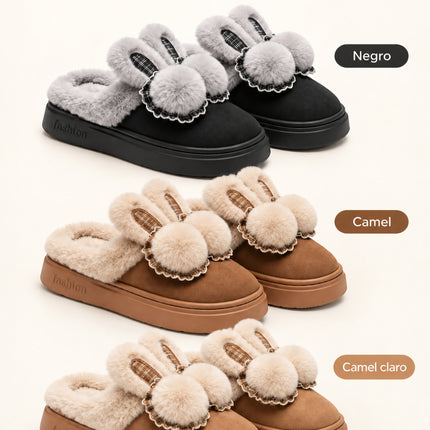 Pantuflas Conejito para Mujer con Peluche y Pompones