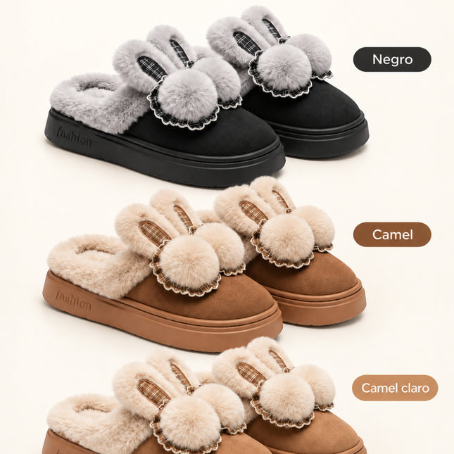 Pantuflas Conejito para Mujer con Peluche y Pompones