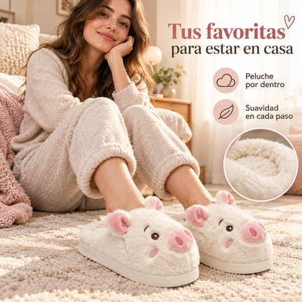 Pantuflas Cerdito Dama Kawaii Cómodas, Calientitas – Pantuflas de Peluche Suaves para Mujer