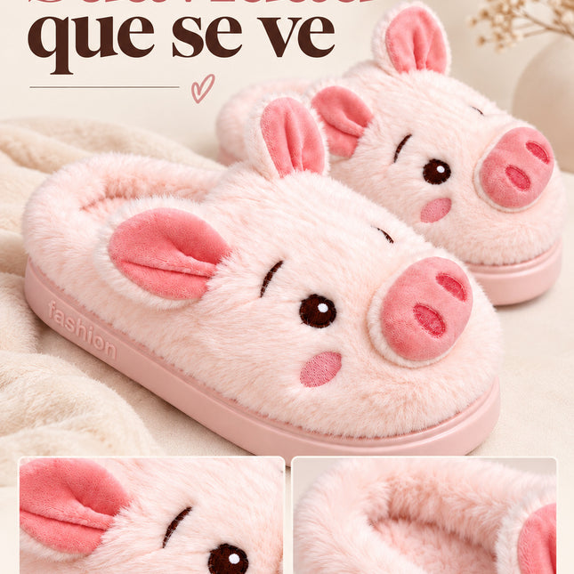 Pantuflas Cerdito Dama Kawaii Cómodas, Calientitas – Pantuflas de Peluche Suaves para Mujer