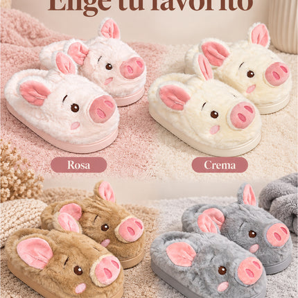 Pantuflas Cerdito Dama Kawaii Cómodas, Calientitas – Pantuflas de Peluche Suaves para Mujer