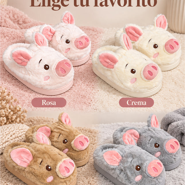 Pantuflas Cerdito Dama Kawaii Cómodas, Calientitas – Pantuflas de Peluche Suaves para Mujer