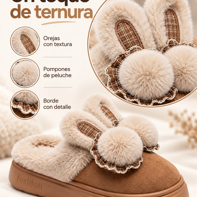 Pantuflas Conejito para Mujer con Peluche y Pompones
