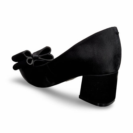 Zapatillas de Tacón de Dama Negras con Moño - Acabado Satinado - Modelo M392G