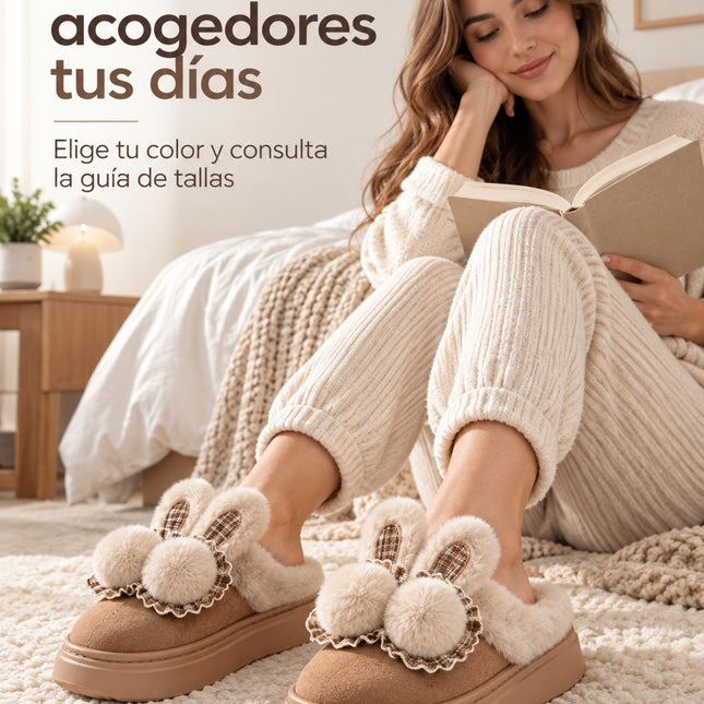 Pantuflas Conejito para Mujer con Peluche y Pompones