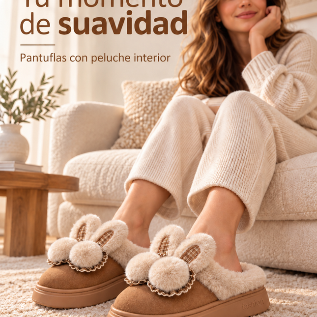 Pantuflas Conejito para Mujer con Peluche y Pompones