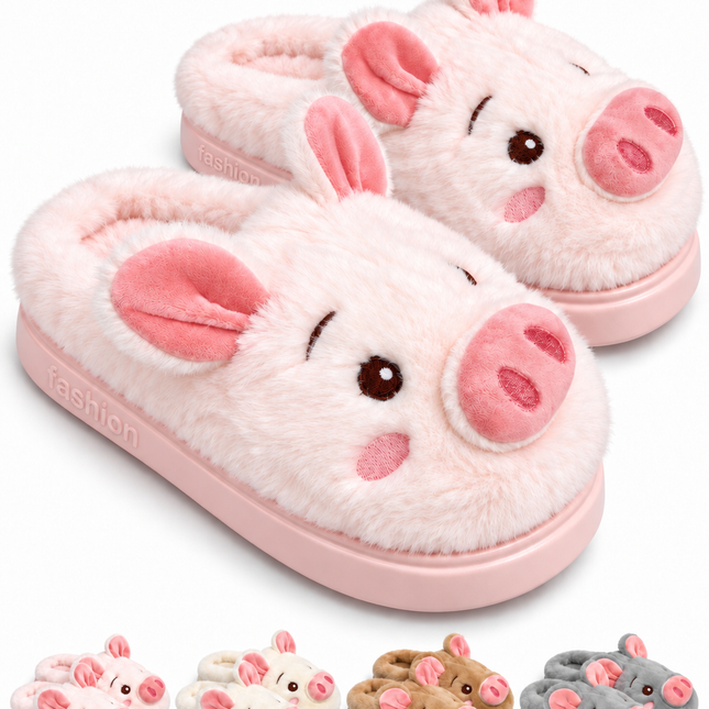 Pantuflas Cerdito Dama Kawaii Cómodas, Calientitas – Pantuflas de Peluche Suaves para Mujer