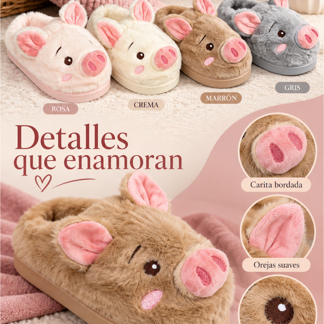 Pantuflas Cerdito Dama Kawaii Cómodas, Calientitas – Pantuflas de Peluche Suaves para Mujer