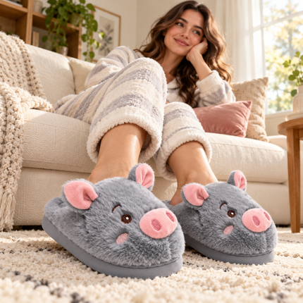 Pantuflas Cerdito Dama Kawaii Cómodas, Calientitas – Pantuflas de Peluche Suaves para Mujer