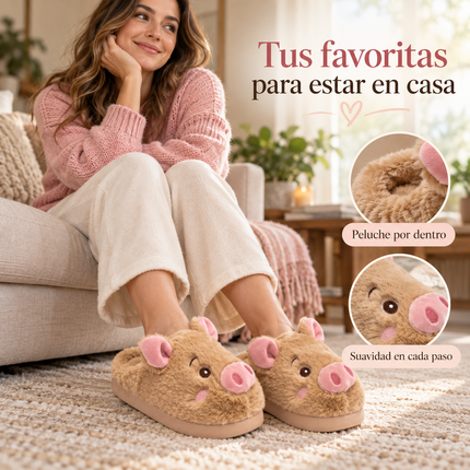 Pantuflas Cerdito Dama Kawaii Cómodas, Calientitas – Pantuflas de Peluche Suaves para Mujer