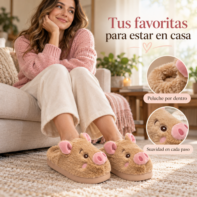 Pantuflas Cerdito Dama Kawaii Cómodas, Calientitas – Pantuflas de Peluche Suaves para Mujer