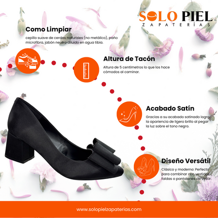 Zapatillas de Tacón de Dama Negras con Moño - Acabado Satinado - Modelo M392G
