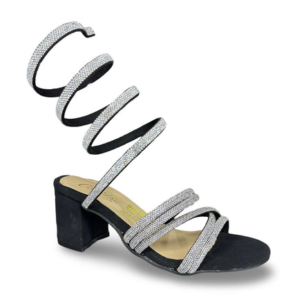 Zapatillas de tacón negras a diamantadas con tiras adheribles al pie en gamuza M1309