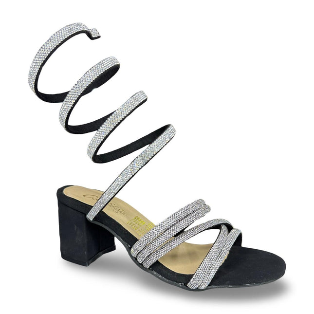 Zapatillas de tacón negras a diamantadas con tiras adheribles al pie en gamuza M1309
