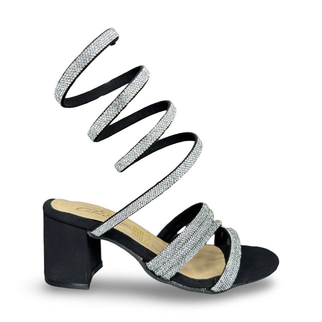 Zapatillas de tacón negras a diamantadas con tiras adheribles al pie en gamuza M1309