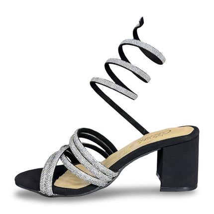 Zapatillas de tacón negras a diamantadas con tiras adheribles al pie en gamuza M1309