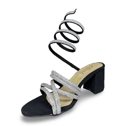 Zapatillas de tacón negras a diamantadas con tiras adheribles al pie en gamuza M1309