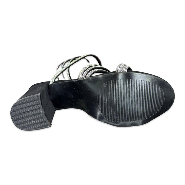 Zapatillas de tacón negras a diamantadas con tiras adheribles al pie en gamuza M1309