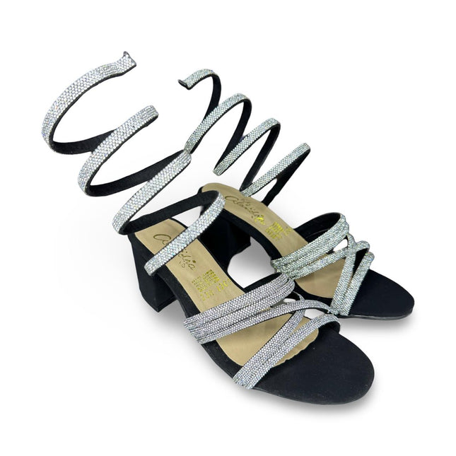 Zapatillas de tacón negras a diamantadas con tiras adheribles al pie en gamuza M1309
