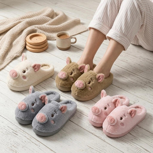 Pantuflas Cerdito Dama Kawaii Cómodas, Calientitas – Pantuflas de Peluche Suaves para Mujer
