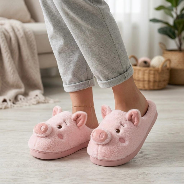 Pantuflas Cerdito Dama Kawaii Cómodas, Calientitas – Pantuflas de Peluche Suaves para Mujer