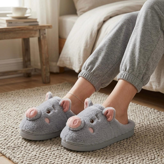 Pantuflas Cerdito Dama Kawaii Cómodas, Calientitas – Pantuflas de Peluche Suaves para Mujer